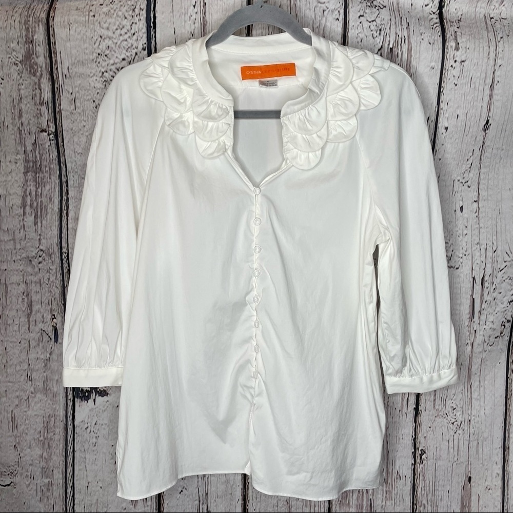 Cynthia‎ Cynthia Steffe White Ruffle Collar Button Down Blouse 3/4 Sleeve Size 6